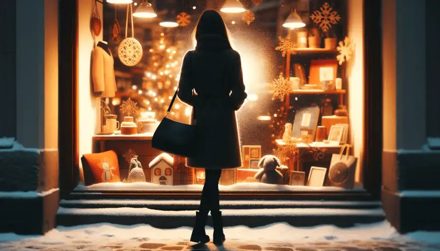A silhouetted figure of a woman stands in front of a shop window on a snowy day her outline sharply contrasted against the warm glow of the stores interior 50
